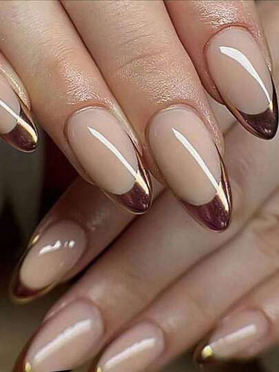 24pcs Medium-Long Champagne Pearl Glossy French Minimalist Almond Nail Tips + 1pc Jelly Gel + 1pc Nail Buffer Block