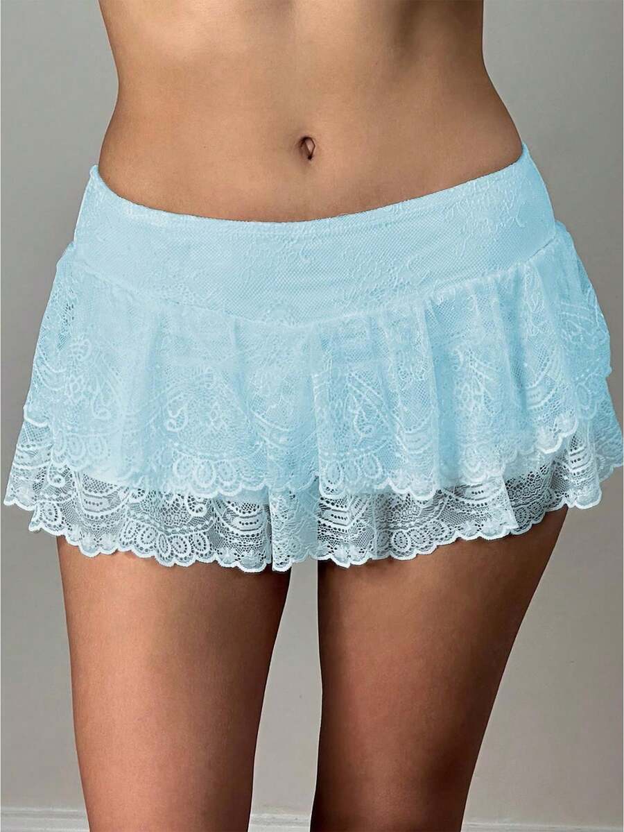 Women's Summer Low Waist Lace Ruffled Solid Color Skirt With Lined Shorts Soft Flowy For Daily Date Vacation - Blue - View 1