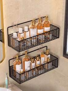 1pc Black Wall Mounted Bathroom Shelf, Cosmetic Hanging, Shower Wall Rack, Multi-Function Bathroom Kitchen Storage Organizer, Suitable For Shampoo, Soap, Cosmetics And Kitchen Items, No Drilling Self-Adhesive Design - Multicolor - View 11