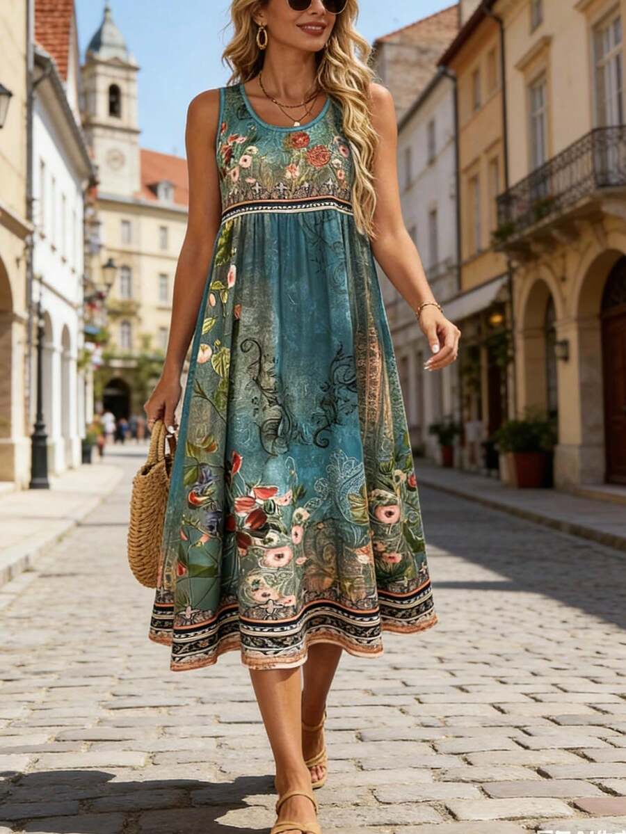 Spring/Summer New Women Sleeveless Round Neck Mid-Length Lightweight Floral Print Vintage Dress Elegant Vacation - Green - View 1