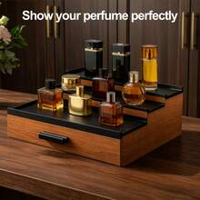 3-Tier Wooden Cologne Organizer For Men, Perfume Display Shelf With Drawer Storage, Vanity & Countertop Fragrance Rack - Marrón - Ver 1