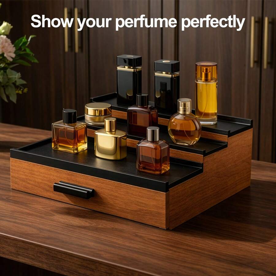 3-Tier Wooden Cologne Organizer For Men, Perfume Display Shelf With Drawer Storage, Vanity & Countertop Fragrance Rack - Marrón - Ver 1