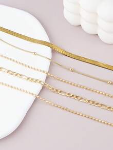5件套简约优雅金色不锈钢扁平蛇形链和串珠链项链套装，多层可叠戴设计，女士日常佩戴饰品 - 金黃色 - 查看 4