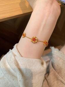1pc Brushed Small Daisy Embellishment Orange Bracelet Layered Necklace Stud Earrings Accessories - Gold - View 7
