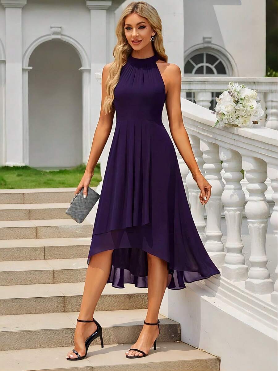 EVERPRETTY Đầm phù dâu bằng chiffon màu tím đậm, thanh lịch, hở lưng, vạt trước ngắn vạt sau lệch, thích hợp cho đám cưới, tiệc tùng, tiệc tối trang trọng và các dịp khác. Mùa xuân.