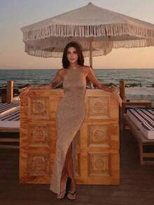 新款春夏女士亮面香槟色优雅系带吊带连衣裙，修身性感露背长裙，高腰侧开衩，时尚休闲，适合毕业典礼、音乐节、海滩度假、海滩派对、婚礼、郊游、鸡尾酒会等场合。 - 棕色 - 查看 2