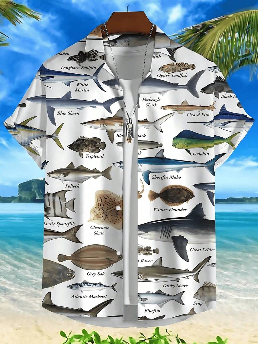 3d Fish Print Hawaiian Shirts For Men New Men's Shirt Casual Unisex Clothing Summer Quick Dry Short Sleeve Shirt Tops - A508D-AL23157 - 查看 1