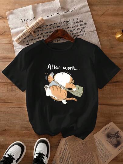 Áo thun nữ cỡ lớn, dáng rộng, thoải mái, cổ tròn, tay ngắn, họa tiết hoạt hình, thích hợp mặc thường ngày cho kỳ nghỉ xuân/hè.