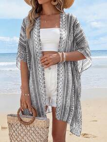 Summer Kimonos For Women Boho Floral Short Sleeve Flowy Cardigans Swimsuit Beach Cover Ups For Women - 灰色印花 - 查看 2
