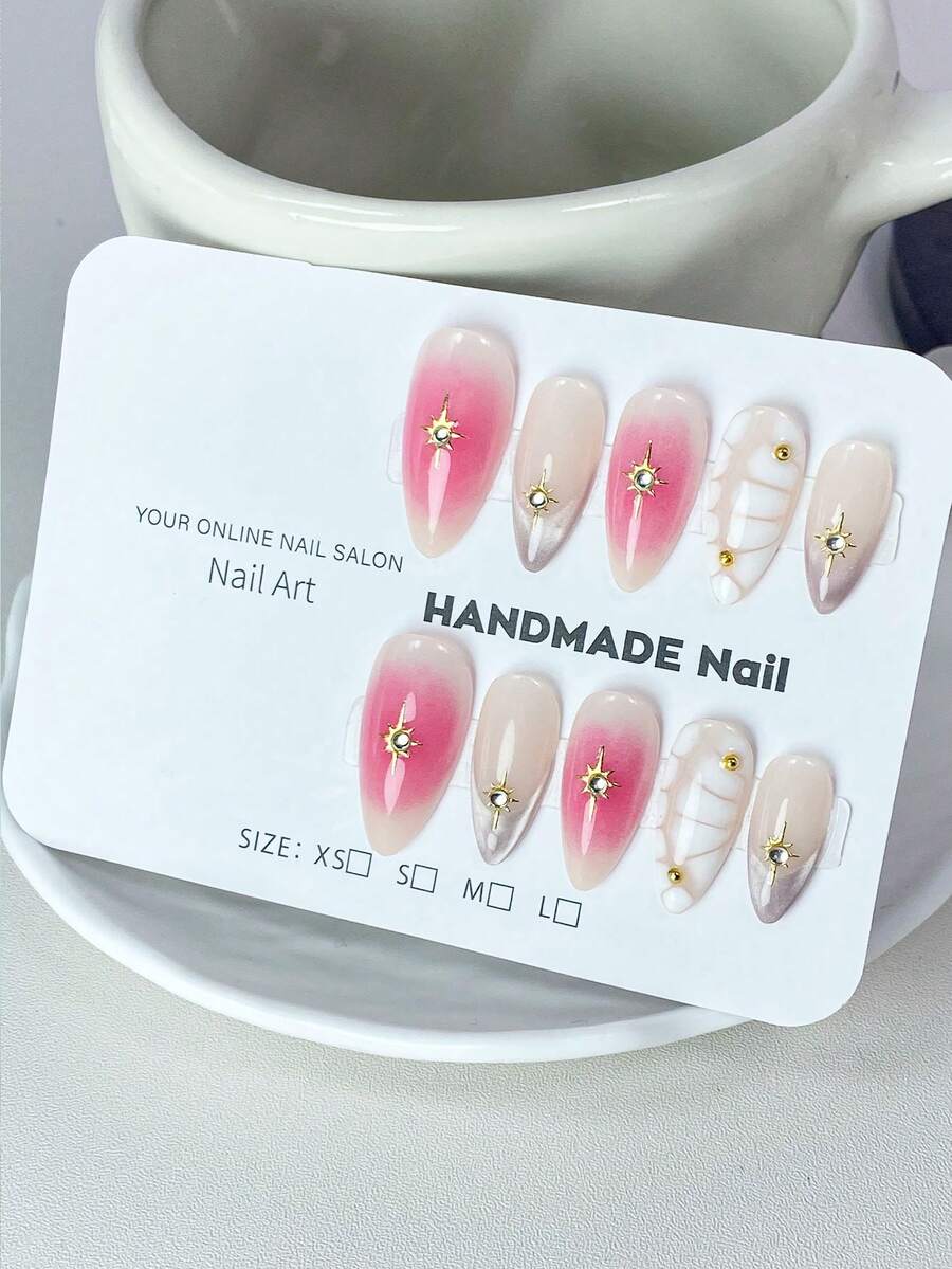 10 miếng dán móng tay hình ngôi sao kim loại màu hồng và trắng gradient mới, thủ công, dành cho mùa hè. - trắng - Xem 1