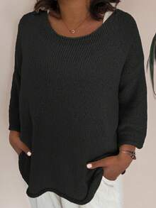 Plus Size Loose Solid Color 3/4 Sleeve Knit Sweater Black - Black - View 4
