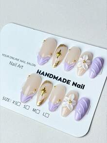 10 miếng dán móng tay thủ công mùa hè mới, màu vàng kem, họa tiết hoa 3D kiểu Pháp. - trắng - Xem 1