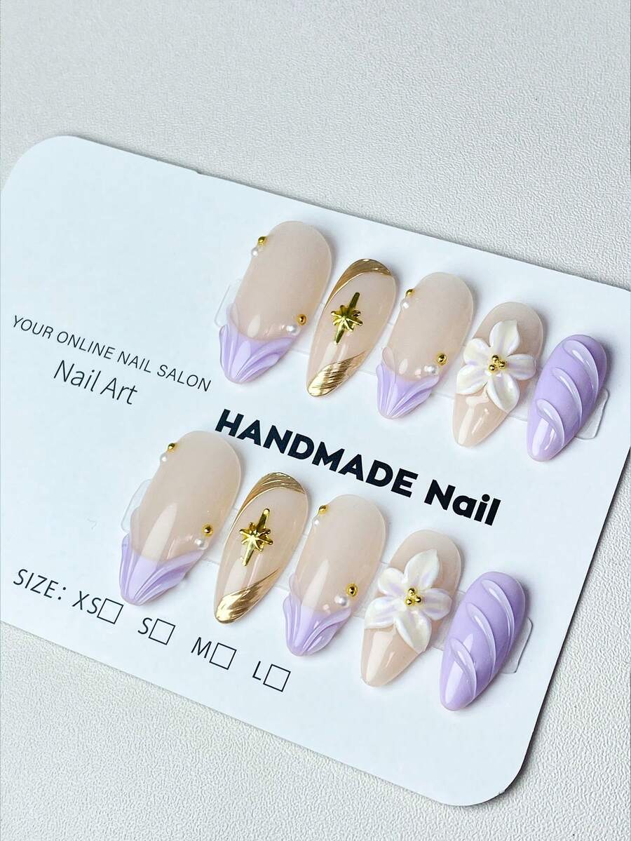 10 miếng dán móng tay thủ công mùa hè mới, màu vàng kem, họa tiết hoa 3D kiểu Pháp. - trắng - Xem 1