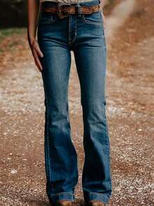 Women's Fashion Back Pocket Embroidered Flare Stretch Jeans - 中藍色 - 查看 6