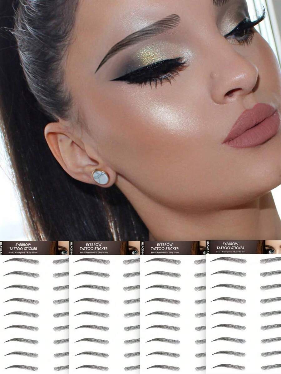 （4张）逼真眉毛纹身贴纸，防水持久仿真纹身贴纸，个性化性感临时纹身 - 黑色 - 查看 1