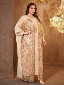 SUPGIR Plus Size Women Long Sleeve Reversible Waist Belt Sequin Patchwork Arabic Evening Dress Spring - Champagne - View 4