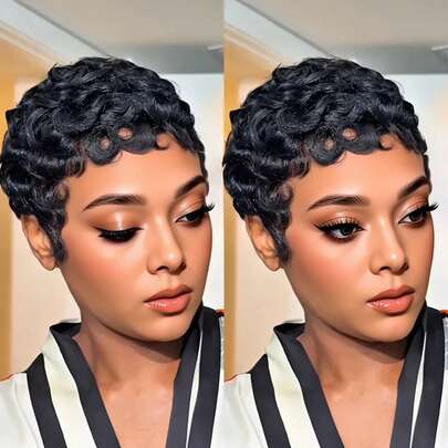 1B黑色和99J酒红色卷曲波浪短假发，100%真人发精灵短发假发，层次感精灵短发带刘海假发，逼真无蕾丝全机织假发，适合日常佩戴