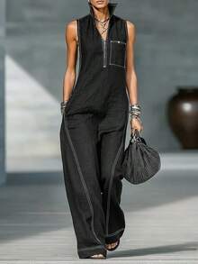 2026 New Model European And American Women's Stand Collar Sleeveless Casual Loose Cotton-Linen Jumpsuit, Elegant Women's Outfits - 黑色 - 查看 11
