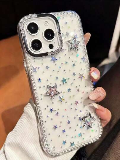 一款大孔铆钉边框手机壳，华丽的星形娃娃全屏激光星形透明TPU手机壳，适用于11/12/13/14/15/16/16 Pro Max，透明硬壳保护套，手感高级，兼容17/17 Pro/17 Pro Max/Air，情人节礼物