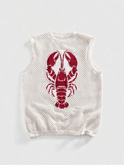 Áo vest len dệt kim dáng rộng, khoét lỗ, ngắn tay, thêu họa tiết.