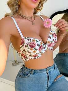 Women's White Intimate Apparel, Skin-Friendly Lift And Support Bra, Romantic French Casual Comfortable Minimalist Lingerie, Sexy Mature Charm Breathable Fabric Elegant Bra, Ditsy Floral European And American Style French Lace Graceful Lingerie For Ladies - White - View 5