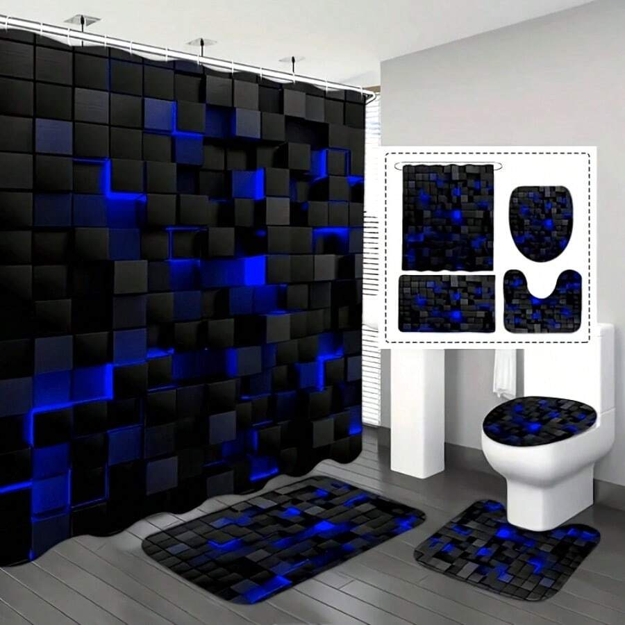 4pcs Geometric Square Pattern Shower Curtain Set, Shower Curtain With 12 Hooks, Non-Slip Bath Mat, U-Shaped Toilet Mat, Toilet Mat, Bathroom Decoration Accessories