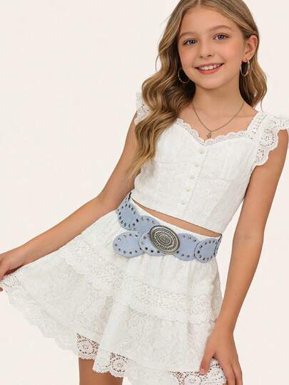 1pc BOHO Girl Waist Belt, Cowgirls, Western Belts, Belts For Girl, Y2K Belt, Y2K Accessories, Bohemian Vintage Silver Floral Oval Buckle Suede Patchwork Belt, Matching Skirts & Pants, Party, Festival, Birthday Gift, New Year