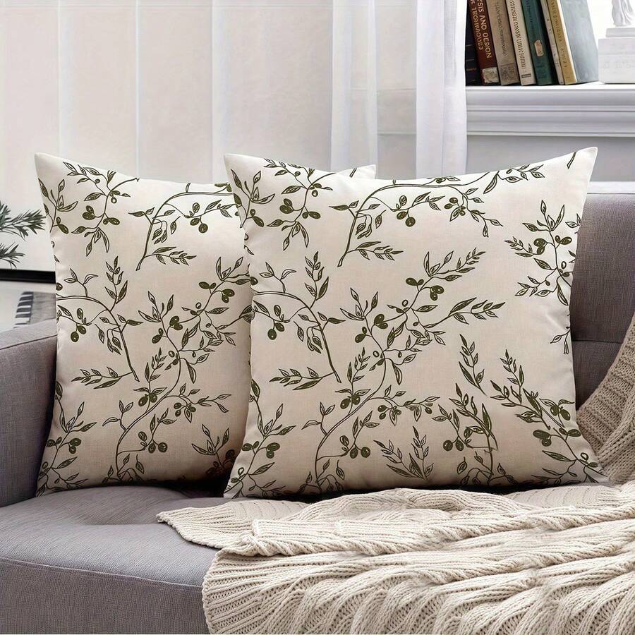 2 vỏ gối bằng polyester in hình cành ô liu và quả mọng - kích thước 18*18 inch, thiết kế một mặt, không kèm ruột gối. - 2pcs - Xem 1