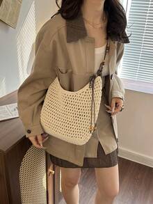 SIMUTINE New Spring/Summer Casual Woven Shoulder Bag, Handmade Vacation Tote, Large Capacity Crossbody Bucket Bag, Fabric, Suitable For Daily Use, Shopping, Travel, Work, College - Apricot - View 3