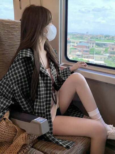 复古格子长袖衬衫，POLO领设计，宽松显瘦开衫上衣