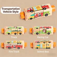 4-Sided Rotating Wooden Puzzle Toy, Animal & Transportation Theme Early Education Building Blocks, Educational Gift - Multicolor - View 12