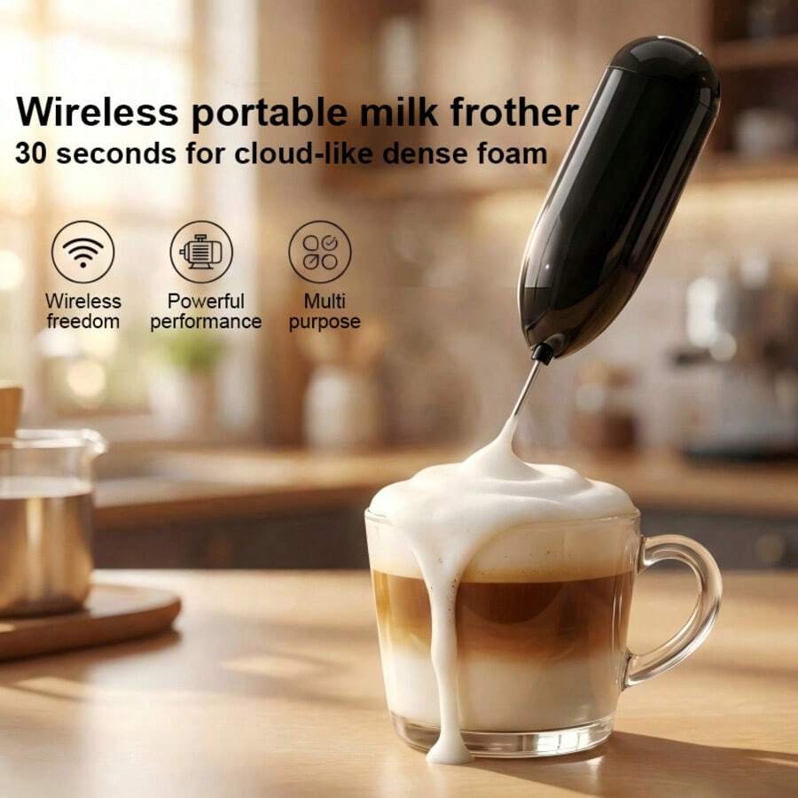 Battery Powered Electric Milk Frother, Mini Milk Foamer, Hand-Held Electric Whisk, Battery Operated (Batteries Not Included) Drink Mixer, Coffee Hand Mixer, Cordless Electric Mixer, Suitable For Latte, Cappuccino, Milkshake, Portable Milk Frother - Black - View 1