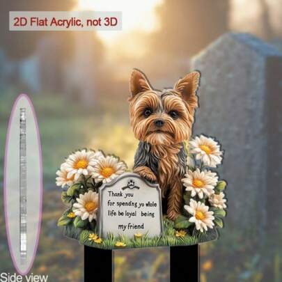 Cọc tưởng niệm hình chó Yorkshire Terrier 2D phẳng, 1 chiếc - Trang trí ngoài trời bằng acrylic 2D phẳng với họa tiết hoa, bia mộ chịu được thời tiết, thích hợp cho lễ tưởng niệm Phục Sinh, không cần điện, trang trí ngoài trời, phong cách trang trại, chất liệu bền, 2D phẳng