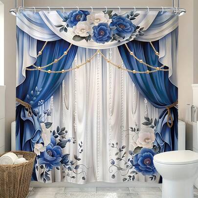 Bộ 1/4 - Bộ rèm tắm họa tiết hoa màu xanh dương, rèm hoa văn cổ điển, rèm tắm trang trí nghệ thuật hiện đại họa tiết ngọc trai, 12 móc treo, rèm tắm chống thấm nước, thảm phòng tắm chống trượt, thảm chữ U cho nhà vệ sinh, tấm phủ, quà tặng trang trí nhà cửa