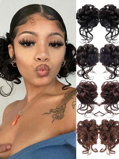 1/2 件装合成凌乱盘发发髻发圈假发绳辫子弹性发片尾巴女士合成卷曲马尾发圈橡皮筋发绳弹性发圈