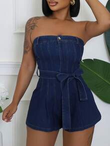 Women's Sexy Strapless Denim Romper | Belted Waist Bow & Button Front Design, Ideal For Street Style, Daily Outings & Summer Activities - Màu xanh lam - Xem 4