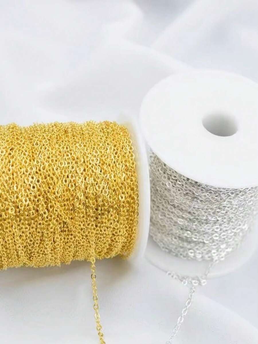 10m/Roll Solid Color Flat Cross Steel Chain, Steel & Gold Color Chains, Jewelry Making Metal Chain
