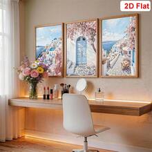 3幅圣托里尼街景帆布墙画 - 无框 - 希腊海报，白色建筑，蓝色屋顶和粉色花朵，防水帆布印刷，适合家居、卧室、宿舍装饰，完美礼物之选 - 聖托里尼街景 - 查看 5