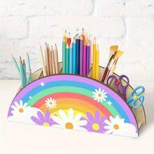 Portapenne a mezzaluna con decorazione floreale arcobaleno, contenitore multifunzione in legno, decorazione da scrivania carina per casa e ufficio - A - Visualizzare 4