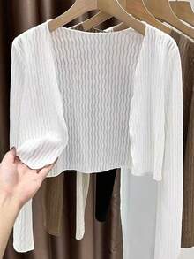 1 pieza Cárdigan de encaje blanco, combinado con vestido de tirantes, chaqueta ligera tipo bolero para el aire acondicionado en verano - Negro - Ver 5