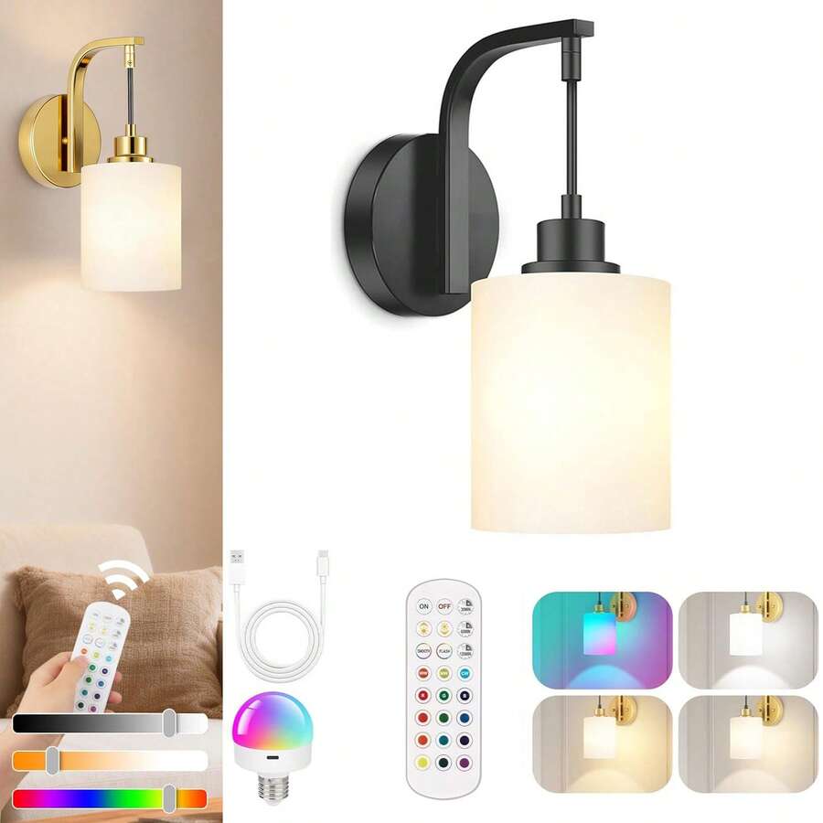 Juego de lámparas de pared inalámbricas recargables en color dorado/negro, lámpara de pared con pantalla de tela con 15 colores, luz de pared con batería, con control remoto y bombilla regulable, decoración de pared para dormitorio y sala de estar - 1 - Ver 1