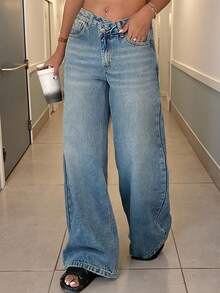 Women's Vintage Asymmetrical Waist Washed Loose Fit Jeans, Versatile, Niche Style With Unique Streetwear Vibe - Medium Wash - View 6