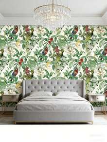 1 Roll Tropical Jungle Parrot Self-Adhesive Wallpaper, Vintage American Style Decor For Living Room, Bedroom, Vanity Area, Includes Green Leaf Decor, Red Floral/Parrot Patterns, Easy Peel And Stick Design - C - View 13