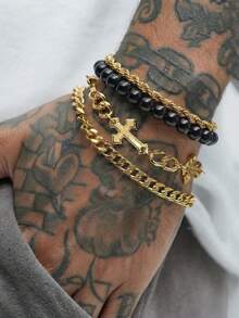 HOTNICE 4pcs Set Punk Chic Cross Beaded Bracelet For Men, Accessory For Dating, Vacation, Daily Outfit, Unisex - Gold - View 5