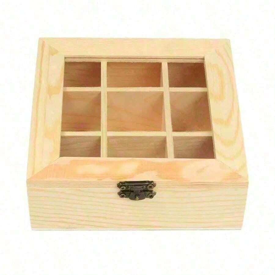 Wooden Tea Bag Jewelry Organizer Chest Storage Box 9 Compartments Tea Box Organizer Wood Sugar Packet Container - Yellow - View 1