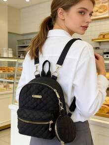 甜美女孩通勤必备，绗缝黑金双肩包，多隔层可转换斜挎包，百搭休闲迷你双肩包，日常出行小众设计包，母亲节礼物 - 彩色 - 查看 3