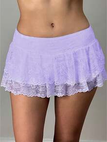Women's Summer Low Waist Lace Ruffled Solid Color Skirt With Lined Shorts  Soft Flowy For Daily Date Vacation - 紫色 - 查看 1