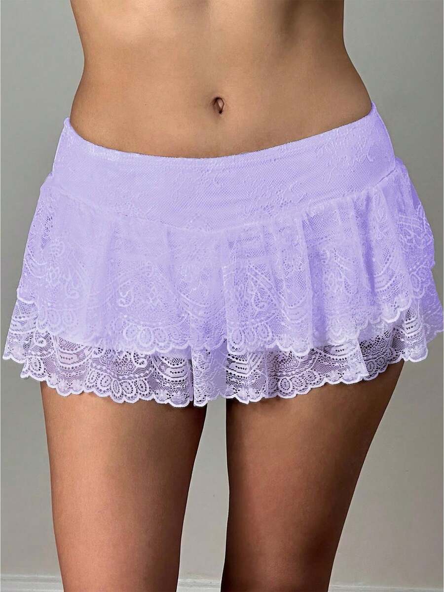 Women's Summer Low Waist Lace Ruffled Solid Color Skirt With Lined Shorts Soft Flowy For Daily Date Vacation - 紫色 - 查看 1