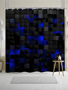 4pcs Geometric Square Pattern Shower Curtain Set, Shower Curtain With 12 Hooks, Non-Slip Bath Mat, U-Shaped Toilet Mat, Toilet Mat, Bathroom Decoration Accessories - A - View 6