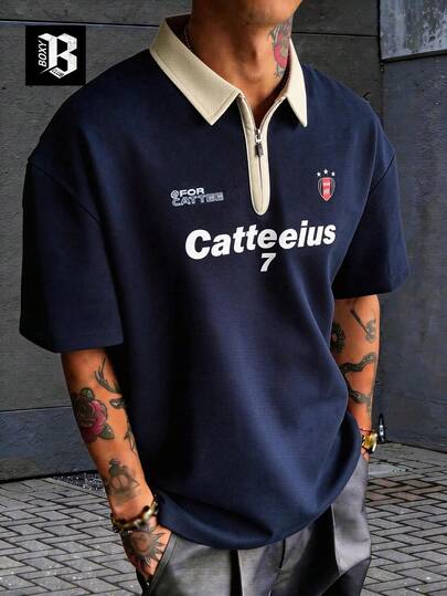 1pc Navy Blue Men's Short Sleeve T-Shirt, Men's Polo Shirt, Contrast Collar Half Zip T-Shirt, Letter Print, American Streetwear Style, Machine Washable, Suitable For Summer Outings, Commuting And Casual Wear